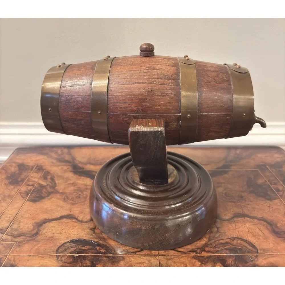 Handmade Spain Wood Barrel Cask w/ Brass Bands & Spigot on Stand‎ Vintage